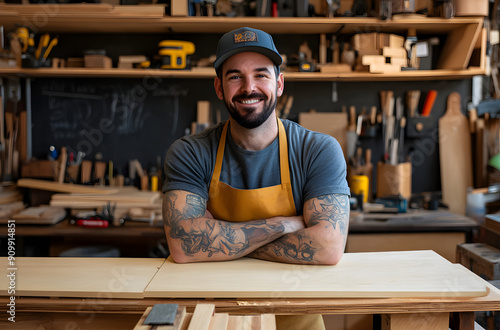 Happy Male Woodlandscape Artist Standing in His Studio photo