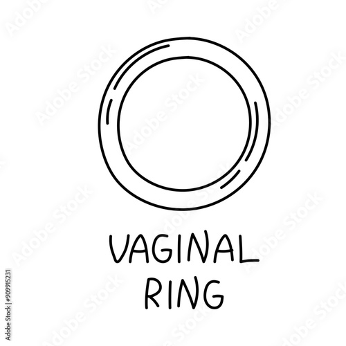 Illustration of contoured hormonal contraceptive vaginal rings with inscription. Black outline on white. Ring. Contraceptives, sex education