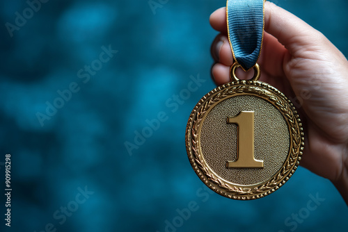 Holding a gold medal with a ribbon on a light blue background, depicting a first place award concept, business success and achievement in competition.No.1.