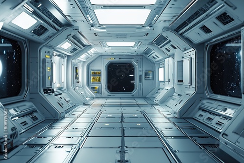 Futuristic spaceship corridor with view of space