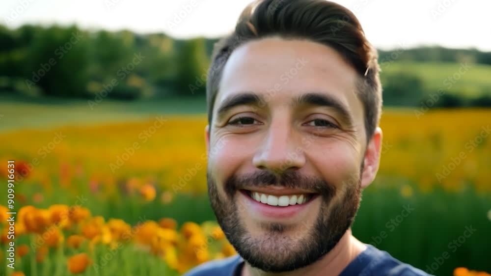 A young man smiles warmly in a colorful flower field under bright sunlight, surrounded by lush greenery and vibrant blooms