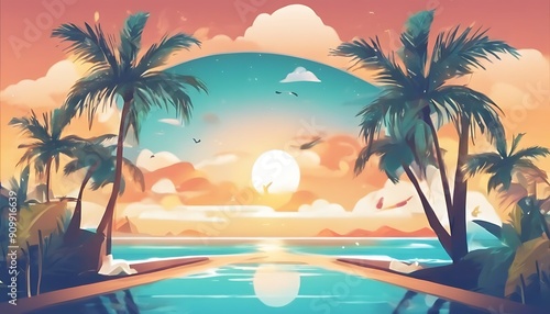 Paradise flat Vector Travel illustration voucher Sky Beach Summer Nature Tree Landscape Concept Forest Floral Sea Sale Ocean Tropical Vacation Sand Beautiful Discoun