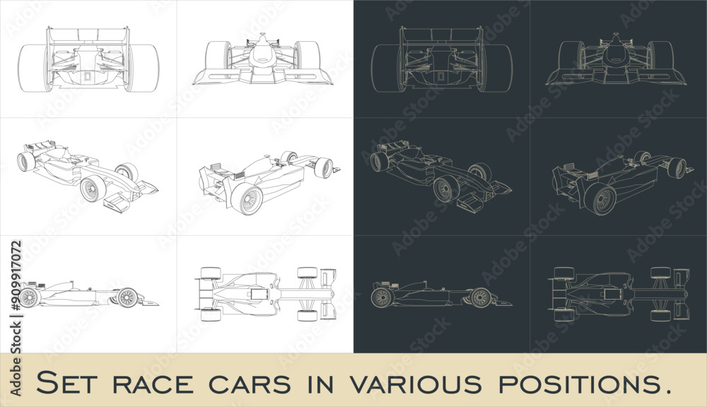 Obraz premium Set Outline of a Formula 1 race car from various angles. F1 Vector blueprint isolated on a transparent background