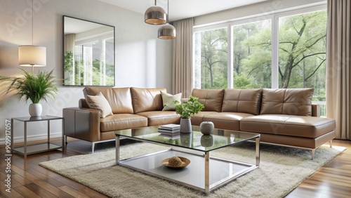 Elegant white living room features a sleek taupe leather sofa paired with a modern glass coffee table  surrounded by minimalist decor and natural light.