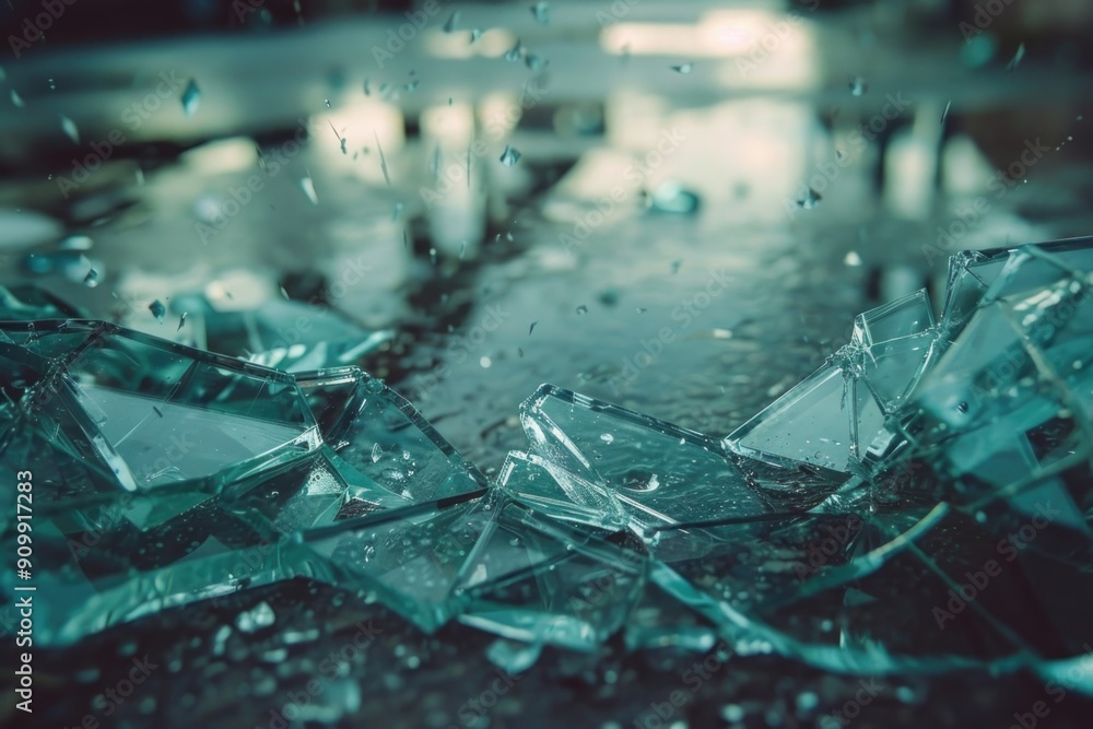 A broken glass window with water covering the surface, possibly from a storm or flood A broken glass window with water covering the surface, possibly from a storm or flood