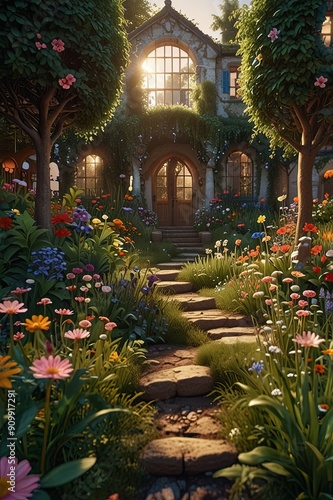 Vibrant flowers bloom amidst ancient temple ruins, a serene oasis where nature reclaims historic architecture