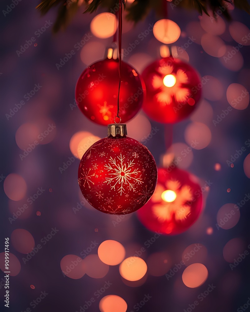 Enchanting Red Christmas Baubles Ornaments Background With Light beams. Xmas, euphoria, magical. Enchanting Red Christmas Baubles Ornaments Background With Light beams. Xmas, euphoria, magical.