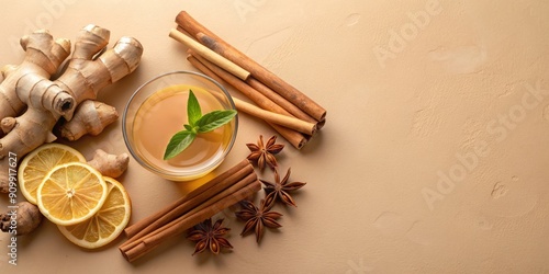 Natural ingredients for a soothing drink, including cinnamon sticks, fresh ginger root, and subtle spices, arranged on a warm beige background in a serene minimalistic layout.