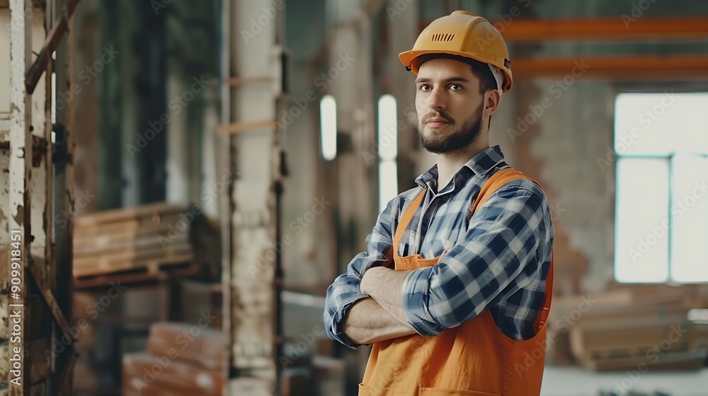 Beautiful man is standing with arms crossed Factory worker is indoors with hard hat : Generative AI Beautiful man is standing with arms crossed Factory worker is indoors with hard hat : Generative AI