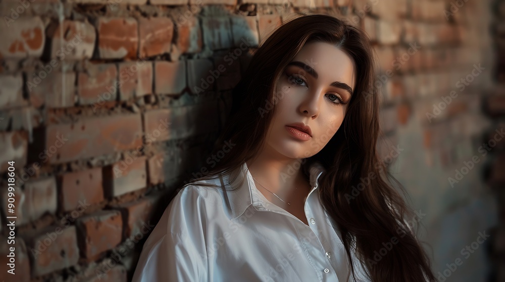 Beautiful plus size female model dressed in blank white shirt posing over brick wall background : Generative AI Beautiful plus size female model dressed in blank white shirt posing over brick wall background : Generative AI