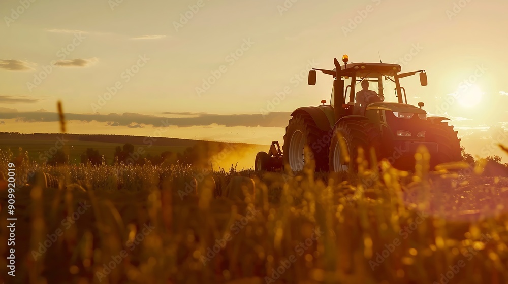 Fototapeta premium Farmer in tractor working on field at sunset : Generative AI
