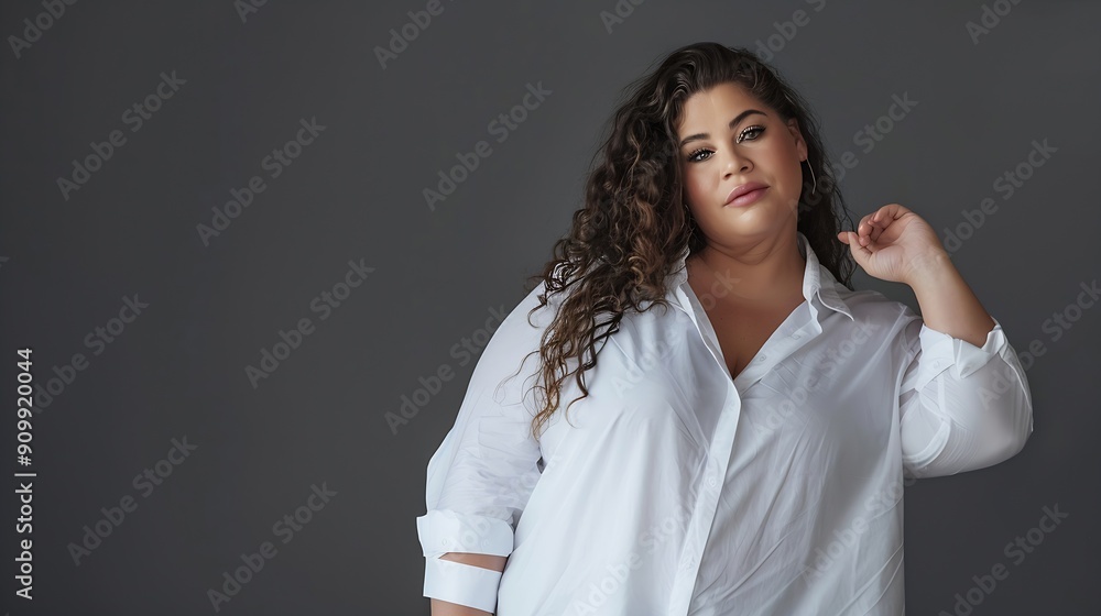 A beautiful plus size woman posing in stylish white shirt and jeans against a gray backdrop : Generative AI A beautiful plus size woman posing in stylish white shirt and jeans against a gray backdrop : Generative AI