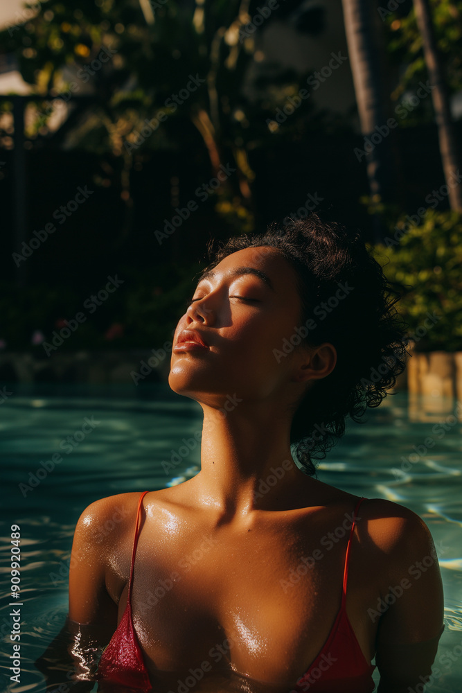 Beautiful black woman relaxing in luxury tropical resort pool Beautiful black woman relaxing in luxury tropical resort pool