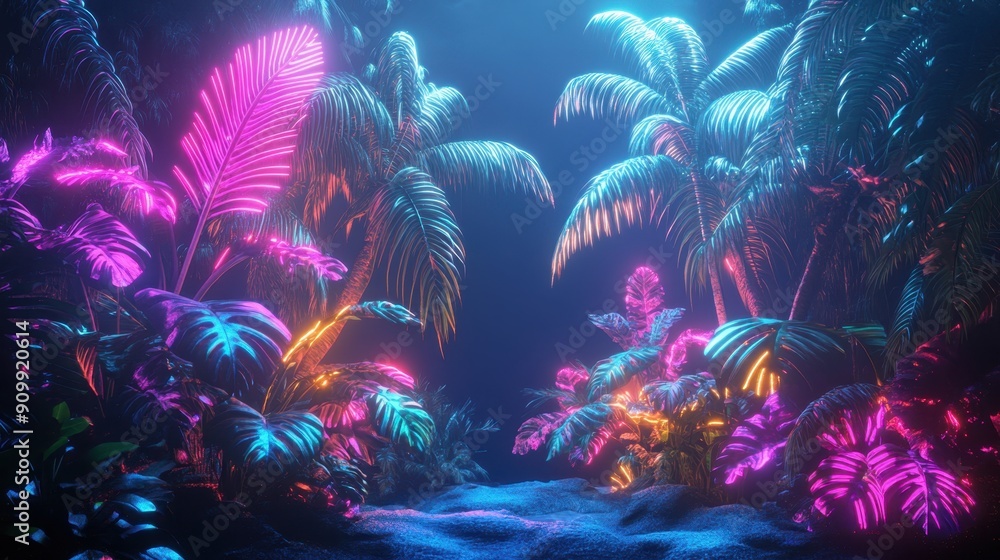 Electrifying Neon Jungle Paradise - Tropical Plants and Palm Trees in Vaporwave Glowing Lights Electrifying Neon Jungle Paradise - Tropical Plants and Palm Trees in Vaporwave Glowing Lights