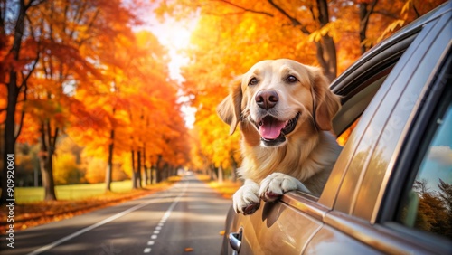 A joyful canine sticks its head out of a car window, surrounded by vibrant orange trees and fluttering autumn leaves on a sunny suburban drive.
