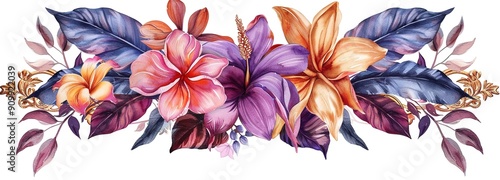 Elegant Orchids and Plumeria Watercolor Painting in Vintage Golden Frame for Wedding Invitation