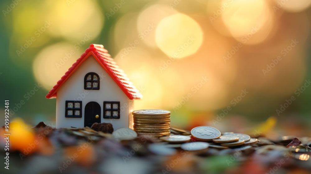 Small toy house near stack of coins on blurred background. Concept of investment, savings, buying and selling real estate, own your dream house with space for text. real estate agency. Mortgage. Small toy house near stack of coins on blurred background. Concept of investment, savings, buying and selling real estate, own your dream house with space for text. real estate agency. Mortgage.