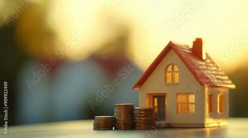 Small toy house near stack of coins on blurred background. Concept of investment, savings, buying and selling real estate, own your dream house with space for text. real estate agency. Mortgage.