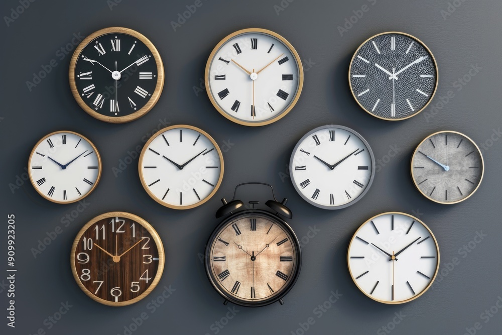 Wall-mounted clocks, various sizes and styles, showing different times Wall-mounted clocks, various sizes and styles, showing different times