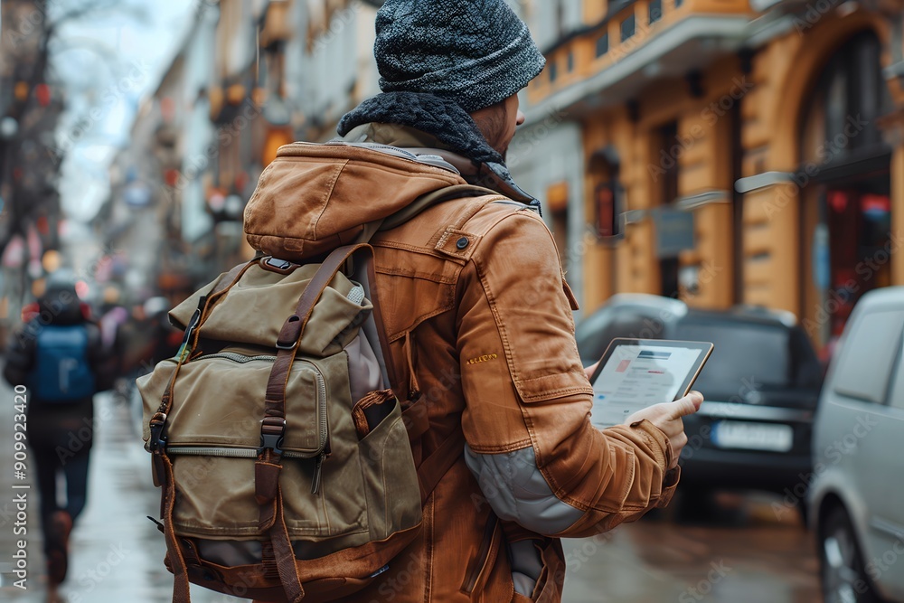 Urban Explorer: A Person with a Backpack Using a Tablet on a Rainy City Street Urban Explorer: A Person with a Backpack Using a Tablet on a Rainy City Street