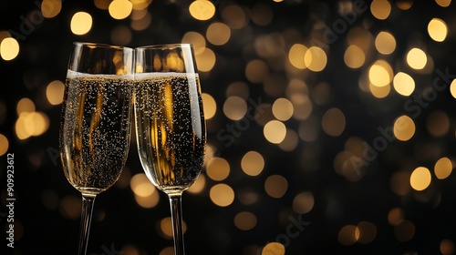 Two glasses of champagne on a dark background with bokeh with space for an inscription. The concept of organizing holidays, anniversaries, weddings, or birthdays. photo