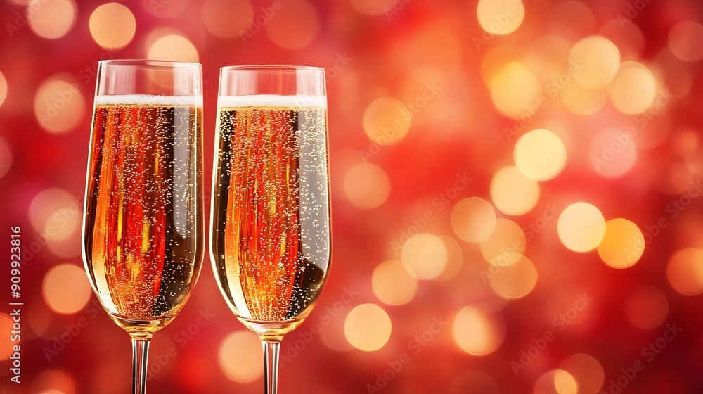 Two glasses of champagne on a red background with bokeh with space for an inscription. The concept of organizing holidays, anniversaries, weddings, or birthdays. Two glasses of champagne on a red background with bokeh with space for an inscription. The concept of organizing holidays, anniversaries, weddings, or birthdays.