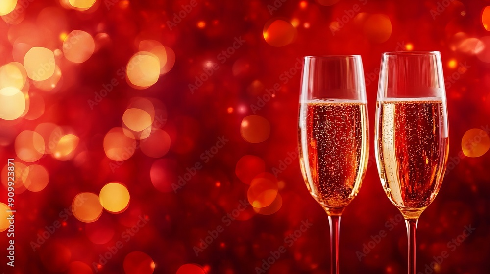 Two glasses of champagne on a red background with bokeh with space for an inscription. The concept of organizing holidays, anniversaries, weddings, or birthdays. Two glasses of champagne on a red background with bokeh with space for an inscription. The concept of organizing holidays, anniversaries, weddings, or birthdays.