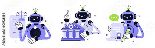 Robot character assistant provide legal advice. Artificial intelligence technology in law concept. Vector illustration.
