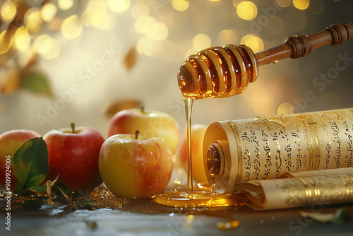 Traditional Jewish New Year food. Happy Rosh Hashanah concept. Apples, honey, wine, candles and Torah scrolls. photo