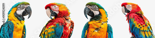 set of a vibrant portrait of a colorful parrot perched gracefully, Striking Portrait, Brilliantly Colored Parrot,Exquisite Portrait , Lively Portrait Featuring, on a transparent backgrounds