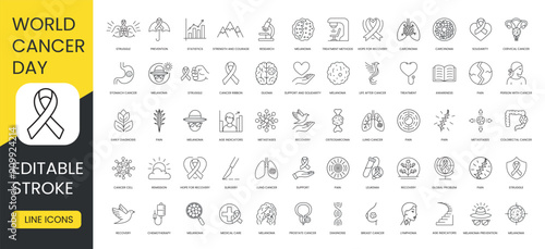 Cancer treatment and diagnosis, world cancer day line icon set vector with editable stroke, age indicators and awareness, ribbon and carcinoma, chemotherapy and diagnosis, glioma and global problem