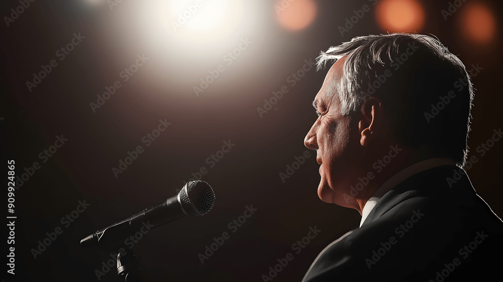 Obraz premium Side profile of public figure speaking into microphone with simple backdrop