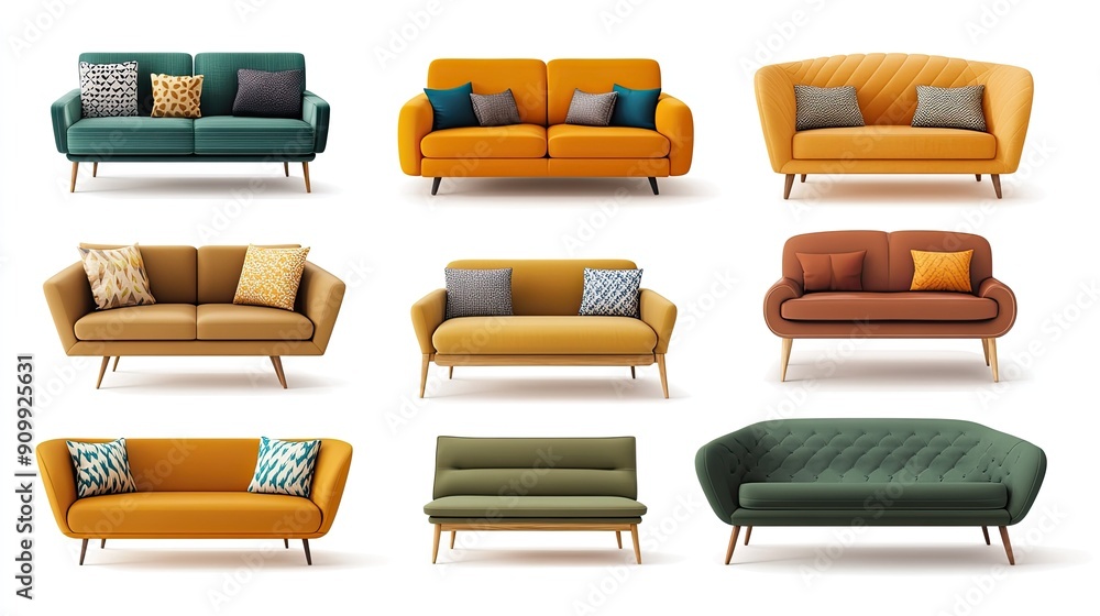 A collection of trendy sofas designed in a Scandinavian style, showcasing modern soft furniture for a cozy home interior, isolated on a white background A collection of trendy sofas designed in a Scandinavian style, showcasing modern soft furniture for a cozy home interior, isolated on a white background
