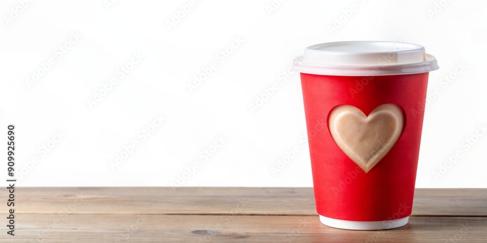 Isolated red disposable coffee cup with white lid and heart design on a clean white background, perfect for Valentine's Day advertising and promotions. Isolated red disposable coffee cup with white lid and heart design on a clean white background, perfect for Valentine's Day advertising and promotions.