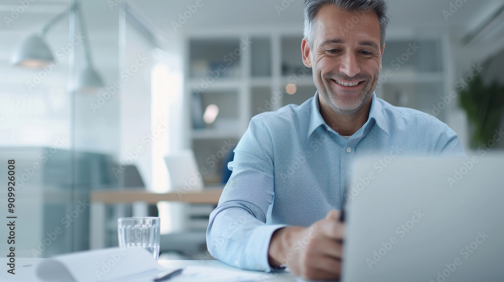 A smiling middle-aged man working on a laptop in a modern office setting. He appears engaged and happy, with a glass of water on the table and a bright, airy atmosphere. A smiling middle-aged man working on a laptop in a modern office setting. He appears engaged and happy, with a glass of water on the table and a bright, airy atmosphere.