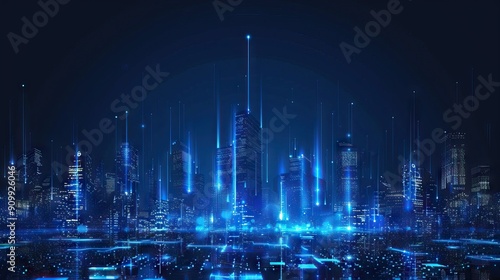 Abstract City Skyline Glowing with Digital Lights. AI generated illustration.