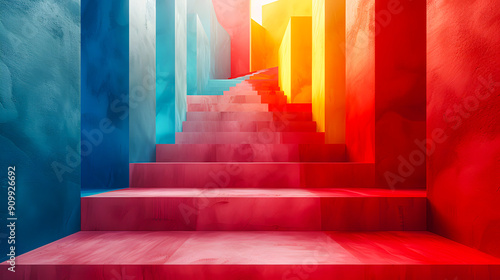 Vibrant abstract staircase with colorful geometric design in shades of blue, red, and yellow, creating a modern artistic visual experience. photo