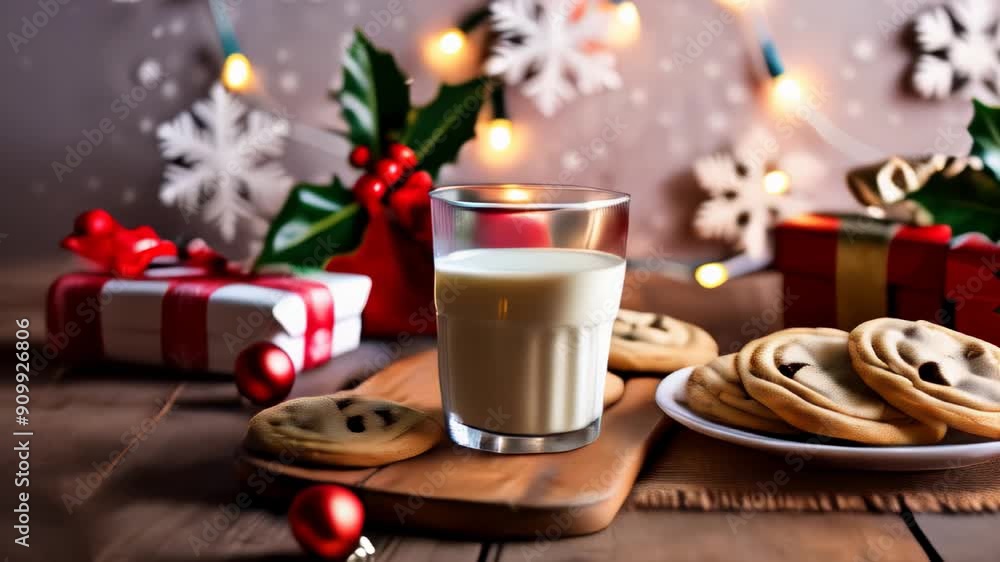 Cookies and milk for santa with holiday decorations at night Cookies and milk for santa with holiday decorations at night