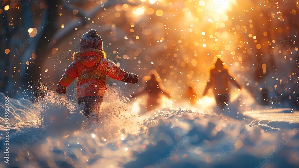 Happy children running and playing in the snow wearing hat, scarf and gloves with flurries of snow, bokeh elements, Christmas vibes Happy children running and playing in the snow wearing hat, scarf and gloves with flurries of snow, bokeh elements, Christmas vibes