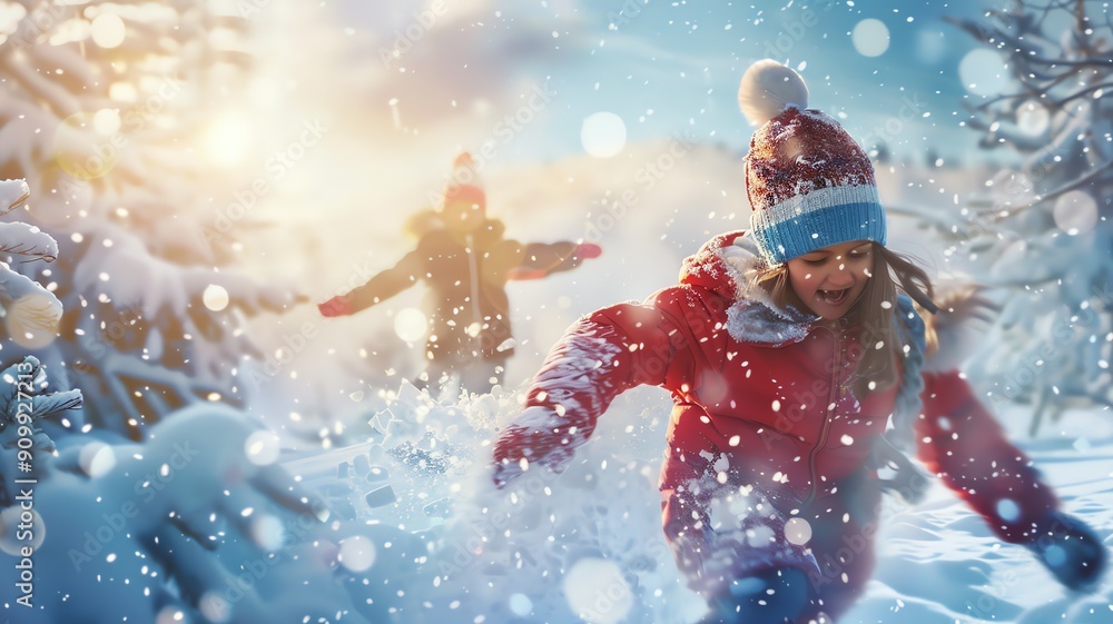 Happy children running and playing in the snow wearing hat, scarf and gloves with flurries of snow, bokeh elements, Christmas vibes Happy children running and playing in the snow wearing hat, scarf and gloves with flurries of snow, bokeh elements, Christmas vibes