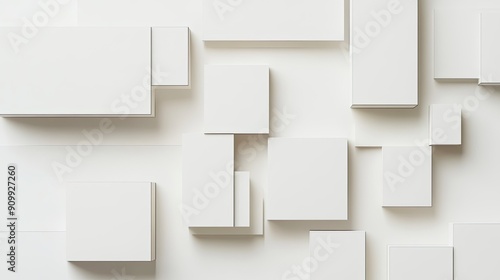A minimalist composition of abstract geometric blocks arranged on a pristine white background  creating a clean and modern visual aesthetic