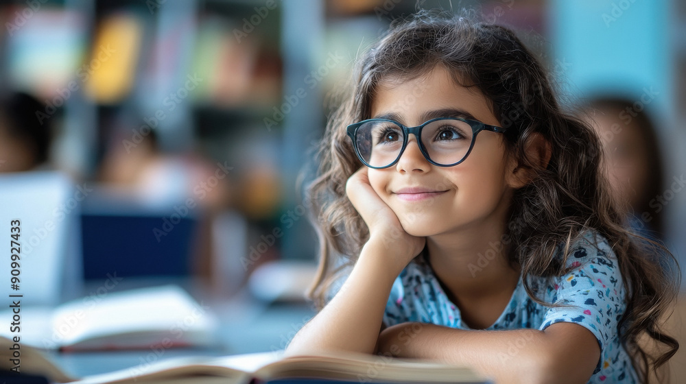 A young girl with curly hair and glasses sits at a desk, looking thoughtfully with a smile. She is surrounded by blurred classmates in a classroom setting, with books in front of her. A young girl with curly hair and glasses sits at a desk, looking thoughtfully with a smile. She is surrounded by blurred classmates in a classroom setting, with books in front of her.