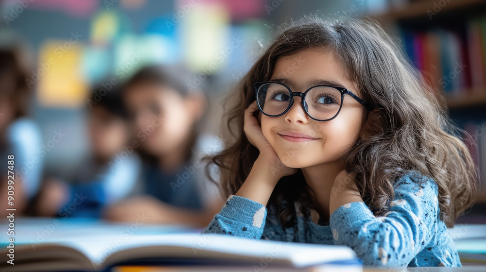 A young girl with curly hair and glasses sits at a desk, looking thoughtfully with a smile. She is surrounded by blurred classmates in a classroom setting, with books in front of her. A young girl with curly hair and glasses sits at a desk, looking thoughtfully with a smile. She is surrounded by blurred classmates in a classroom setting, with books in front of her.