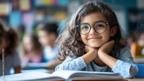 A young girl with curly hair and glasses sits at a desk, looking thoughtfully with a smile. She is surrounded by blurred classmates in a classroom setting, with books in front of her.