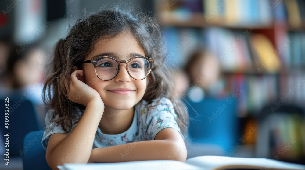 A young girl wearing a graduation cap rests her chin on a stack of books, gazing thoughtfully. The background features a blurred library filled with books, creating an academic atmosphere. A young girl wearing a graduation cap rests her chin on a stack of books, gazing thoughtfully. The background features a blurred library filled with books, creating an academic atmosphere.