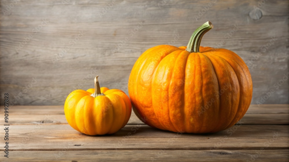 A large orange pumpkin sits next to a small yellow one on a simple wooden table with ample copy space, against a clean and neutral background. A large orange pumpkin sits next to a small yellow one on a simple wooden table with ample copy space, against a clean and neutral background.