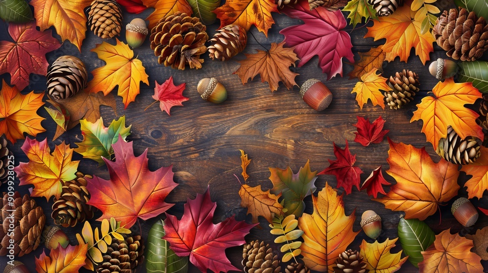 Rustic Autumn Bounty Vibrant Leaves and Acorns on Knotted Pine Background Perfect for Thanksgiving and Harvest Festival Designs Rustic Autumn Bounty Vibrant Leaves and Acorns on Knotted Pine Background Perfect for Thanksgiving and Harvest Festival Designs