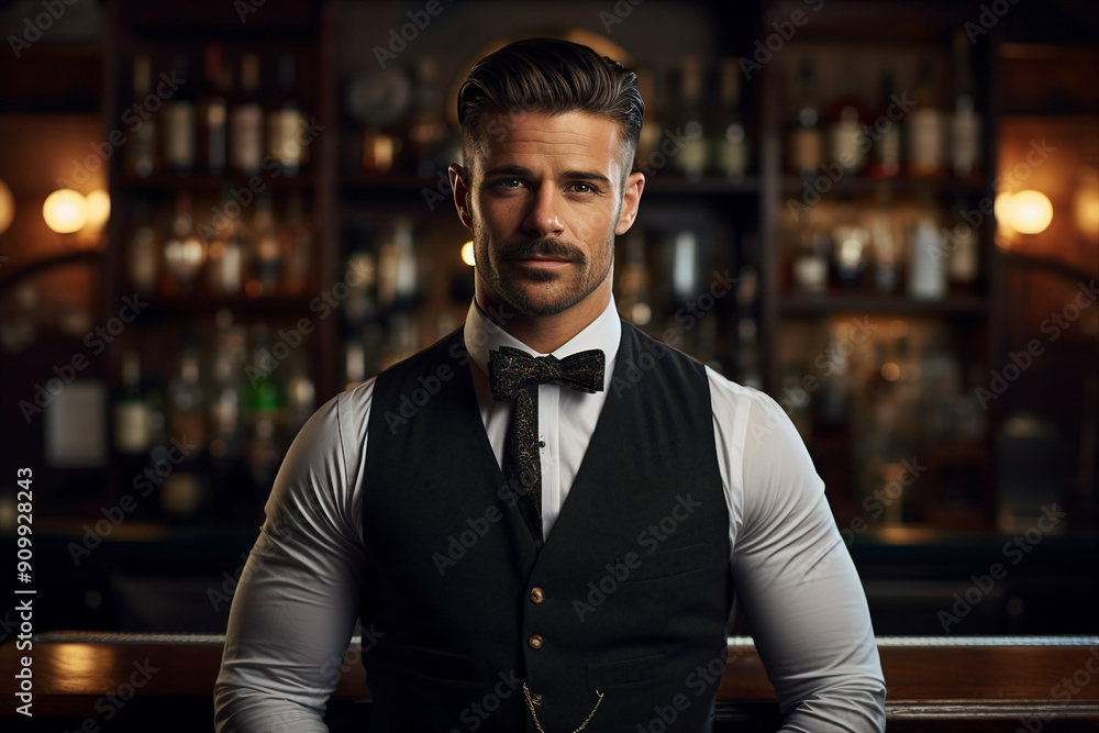 Classic bar pub with professional bartender barkeeper barman, Generative AI illustration photo Classic bar pub with professional bartender barkeeper barman, Generative AI illustration photo