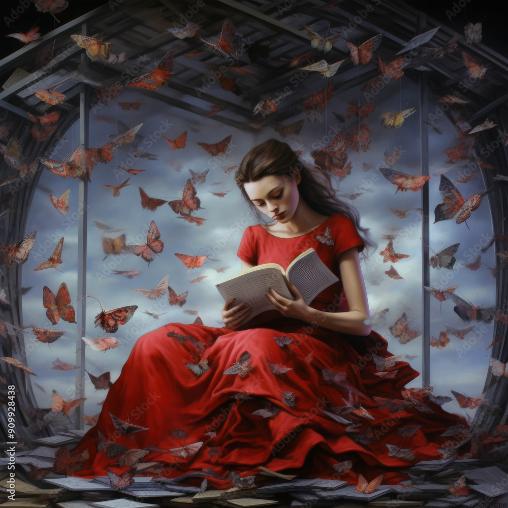Enchanted by Words: A woman in a vibrant red dress, lost in the pages of a book, surrounded by a fluttering swarm of butterflies, creating a surreal and captivating scene of literary immersion. Enchanted by Words: A woman in a vibrant red dress, lost in the pages of a book, surrounded by a fluttering swarm of butterflies, creating a surreal and captivating scene of literary immersion.