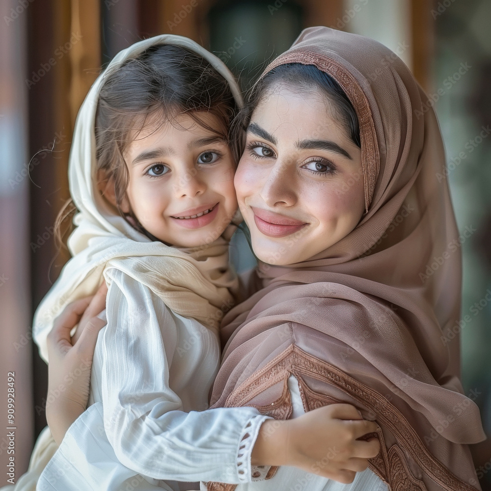 A joyful mother and daughter embrace, both wearing beautiful hijabs. The mother smiles warmly at the camera while holding her daughter close, who also beams with happiness. A joyful mother and daughter embrace, both wearing beautiful hijabs. The mother smiles warmly at the camera while holding her daughter close, who also beams with happiness.